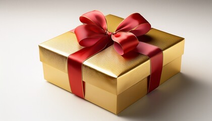 a luxurious gold gift box with a red ribbon elegantly presented on a clean white background