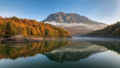 Scenic view of Moon Bay at dawn within Kanas National Geopark, highlighting seasonal change, autumn