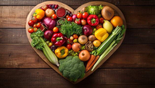a vibrant heart shaped display of fresh produce on a weathered wooden table celebrating natural abundance