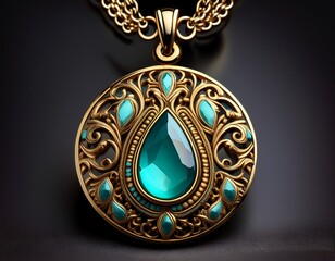 ornate gold pendant with turquoise accents
