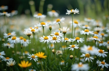 Wild field of white, yellow chamomile flowers blooms in sunlight. Many delicate blossoms stand tall in green grass on sunny day. Nature beauty, organic herbal plant medicine, soothing wellness, calm