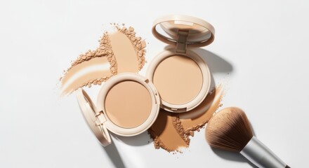 Two compact powder makeup products with a makeup brush and swatches on a white background