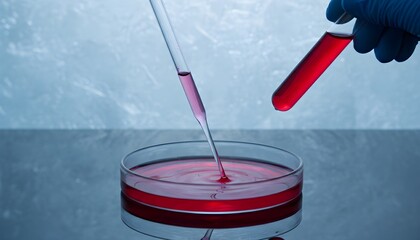 A gloved hand holds a test tube with red liquid while a pipette drips into a petri dish, symbolizing scientific research and medical testing