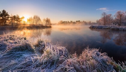 misty lake sunrise with frost