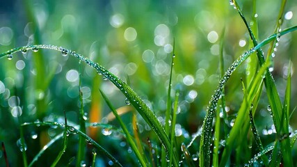 Lush green grass blades with sparkling morning dew drops close-up - Powered by Adobe