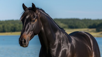 Obraz premium Close-up of a striking black stallion by a serene lake, emphasizing the horse's strength and grace