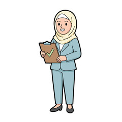 A Professional Woman in a Hijab Holds a Clipboard with a Green Check Mark, Representing Approval and Success