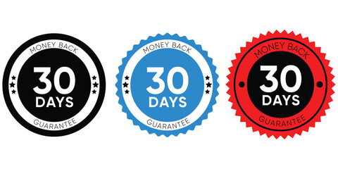 30 Days Money Back Guarantee Badges Set Vector Circular Seals for E-commerce, Customer Trust, Quality Assurance, and Product Refund Policy