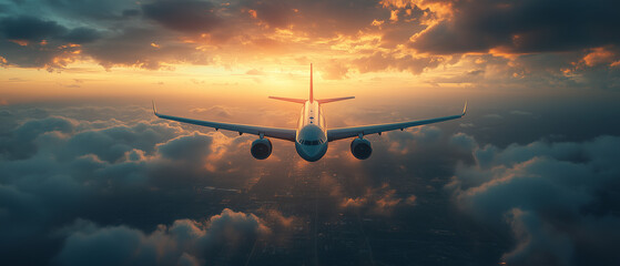 Airplane flying through clouds at sunset over a scenic landscape in the evening sky ai, airplane, clouds, sunset, sky, flight, travel, evening, landscape, horizon, journey, sun, aviation, aerial, sere