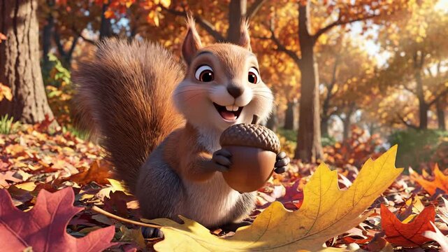 Animated squirrel with acorn in autumnal forest scene