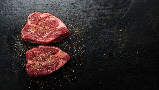 Raw lamb T-bone steaks with spices on a dark wooden surface, protein-rich meal - Powered by Adobe
