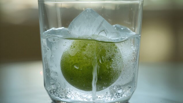 Lime encased in ice cube, refreshing addition for beverages