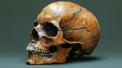 Realistic human skull sculpture displayed on a neutral background emphasizing intricate details and textures ai, skull, sculpture, human, anatomy, detailed, art, realism, neutral, background, represen