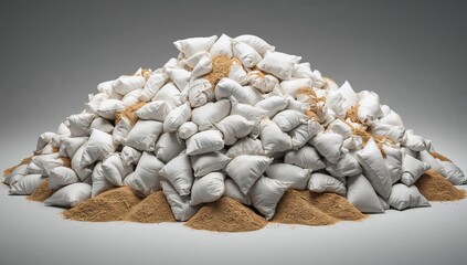 A large accumulation of white sandbags stacked on the floor, potential safety hazard