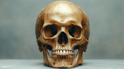 Detailed human skull model displayed in educational setting showcasing anatomical features and structure ai, skull, human, anatomy, model, education, biology, anthropology, structure, features, teeth,