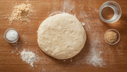 Pizza Dough ingredients including water, salt, wheat and bread flour, dry yeast, prepared on a wooden table, beneficial for homemade pizza