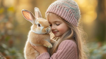 Little girl smiles while holding a fluffy rabbit in a sunlit forest during autumn ai, girl, rabbit, forest, autumn, sunlight, joy, bond, animal, nature, warmth, outdoor, children, cute, fluffy, serene