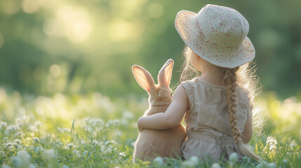 Child enjoys a peaceful moment with a rabbit in a sunlit meadow during springtime ai, child, rabbit, meadow, spring, sunlight, nature, friendship, warmth, tranquility, wildlife, pet, outdoor, cute, in