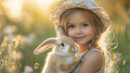 Sweet moment between little girl and bunny in a sunlit field capturing innocence and joy ai, girl, bunny, meadow, sunlight, flowers, nature, childhood, innocence, joy, animal, garden, portrait, warmth