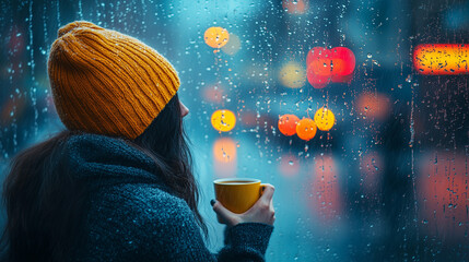 Woman in a yellow beanie enjoys warm drink while watching rain outside a window in a cozy setting ai, rain, woman, yellow, beanie, warm, drink, window, cozy, city, lights, reflection, atmosphere, paus