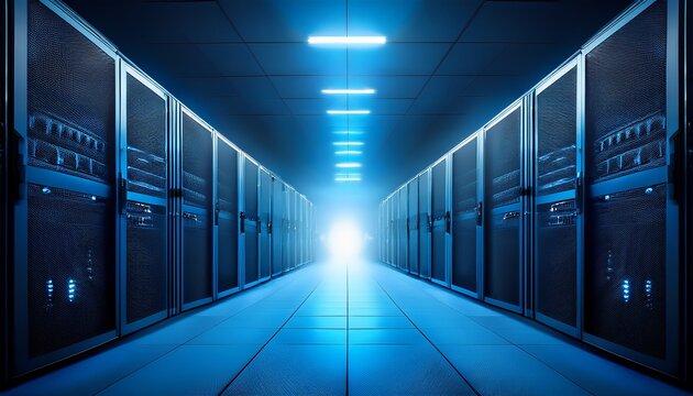 abstract server room with blue glow effect minimalist technology theme and atmospheric lighting