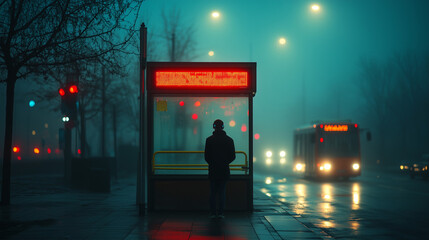 Misty night at the bus stop with glowing signs and approaching vehicle ai, bus, stop, fog, night, street, lights, glowing, sign, vehicle, mist, silhouette, reflection, urban, transportation, waiting, 