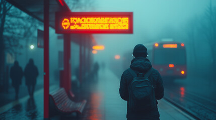 Misty evening at the bus stop with illuminated display and waiting passengers ai, bus, stop, evening, mist, fog, urban, public, transport, silhouette, waiting, headphones, illuminated, display, backpa