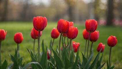 Obraz premium Red Tulips Blooming In A Park Setting, Ideal As A Nature-Themed Background