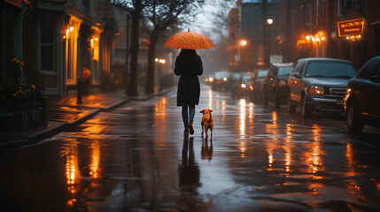 Walking a dog under a bright orange umbrella on a rainy evening in a quiet downtown street ai, walking, dog, umbrella, rain, evening, street, reflections, downtown, urban, lights, quiet, stormy, wet, 