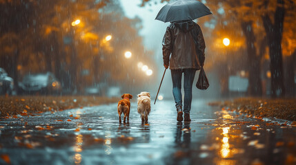 Walking two dogs in the rain along a dimly lit street under an umbrella during autumn ai, rain, dogs, walk, street, umbrella, autumn, evening, leaves, reflection, streetlights, person, canine, wet, pa