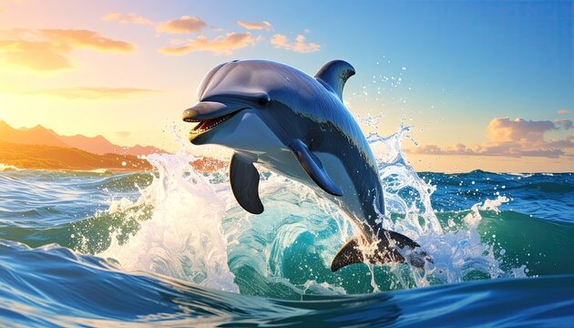 Dolphin leaping from ocean wave during sunset with golden sun rays reflecting on its body and water splashes in the background.