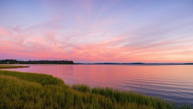 Tranquil Sequim Bay at dawn, showcasing soft pink and orange sky tones, reflecting on serene waters, seasonal change