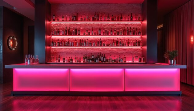 Stylish bar interior in pink neon light. Modern design with alcohol bottles on shelves. Dark ambiance with brick wall. Elegant and trendy night scene suitable for drinks.