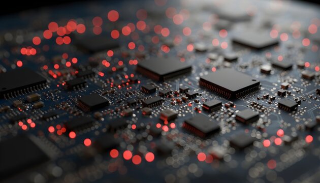 A detailed close-up of a dark blue circuit board with various black microchips and glowing red data points, representing advanced technology and digital processes - Powered by Adobe