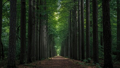 Obraz premium Tall trees lining a shadowy forest trail, emphasizing verticality and depth, preservation