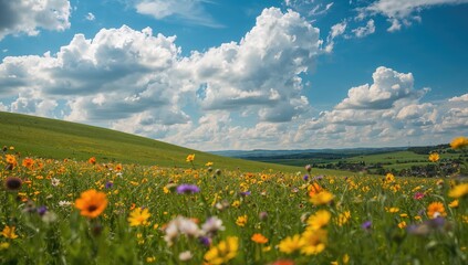 Obraz premium Scenic rural landscape under bright sunshine with fluffy clouds, showcasing seasonal change