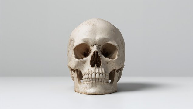 Still life arrangement with a human skull against a white backdrop, exploring themes of mortality and reflection