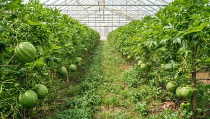Row of fresh green melons in a greenhouse, fiber-dense choice