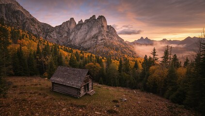 Majestic mountains rise over a rustic wooden cabin, highlighting the theme of isolation