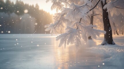 Frost-covered trees with delicate branches and intricate ice crystal patterns line the serene shores of a frozen lake, its surface glistening like polished glass, as soft snowflakes gently drift from 