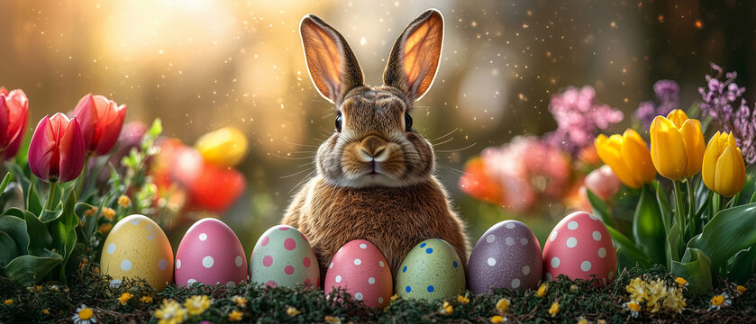 Colorful Easter celebration featuring a bunny surrounded by bright flowers and decorated eggs in a vibrant garden setting ai, easter, bunny, rabbit, garden, flowers, eggs, spring, tulips, colorful, fe