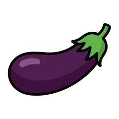 A simple cartoon illustration of a purple eggplant with a green stem and leaves.