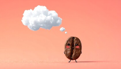 Cute Coffee Bean Character Dreaming of Clouds Against a Soft Pink Background with Subtle Lighting