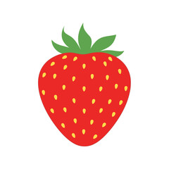 A vibrant red strawberry with green leaves and yellow seeds.