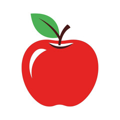 A vibrant red apple with a green leaf and brown stem.