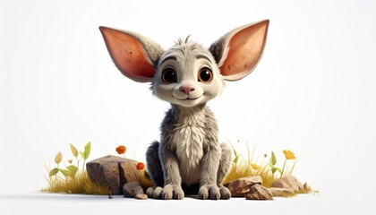 Cute Gray Fictional Creature with Big Ears Sitting in Dry Grass with Small Orange Flowers and Rocks in Soft Natural Light Studio Portrait