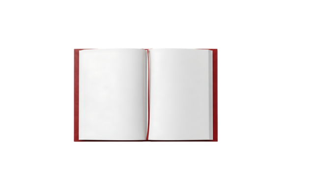 Open red book with blank white pages and red ribbon bookmark isolated on a transparent background