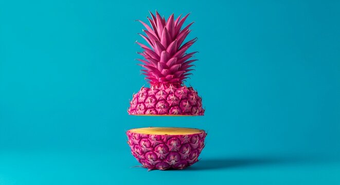 A vibrant pink pineapple is artfully sliced and levitating against a solid teal blue background.