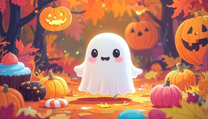 Cute Pixelated Ghost Surrounded by Pumpkins and Autumn Leaves During Halloween Season