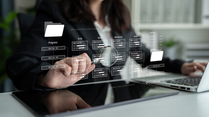 Project management system showing workflow stages, task progress, and review status. Task progress...